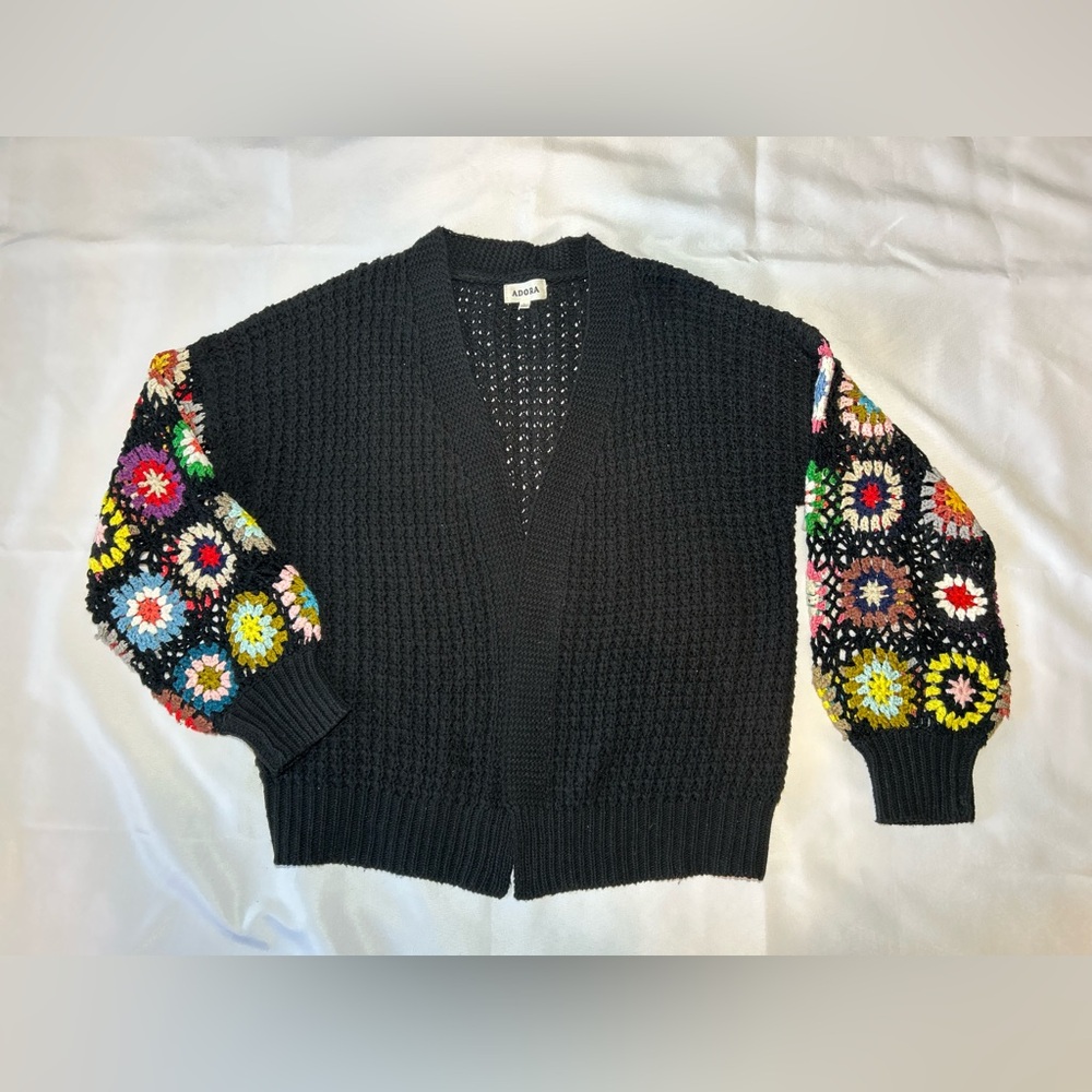 GrabdmaCore, Cozy Black Cardigan w/ Colorful Granny Square Crochet Sleeves Sz L